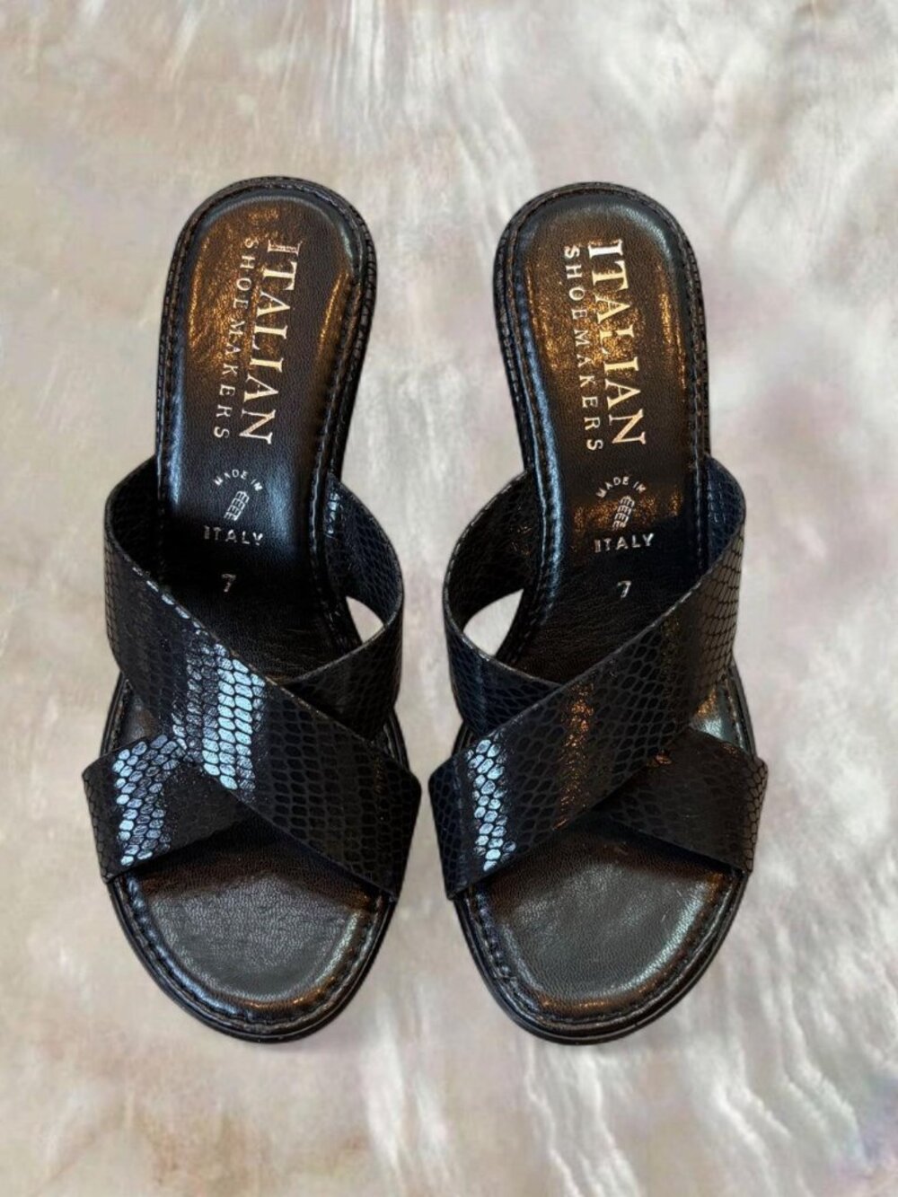 Italian Shoemakers Black Leather Snake Skin Embossed Wedge Sandal